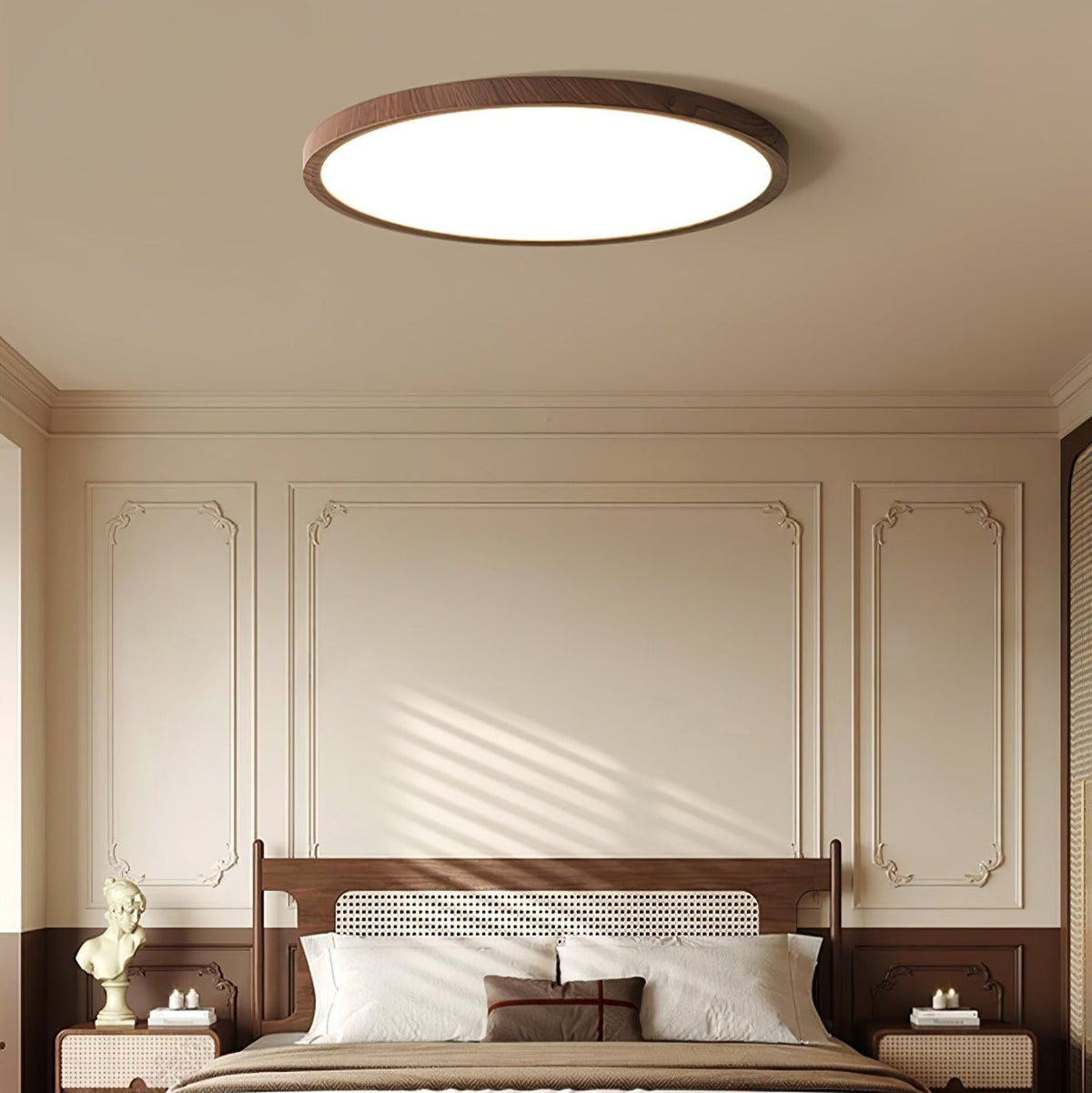 Slimline Flush-Mount LED Overhead Fixture – Faux Wood Grain Acrylic Panel – 12-20 in Diameter | Thomler