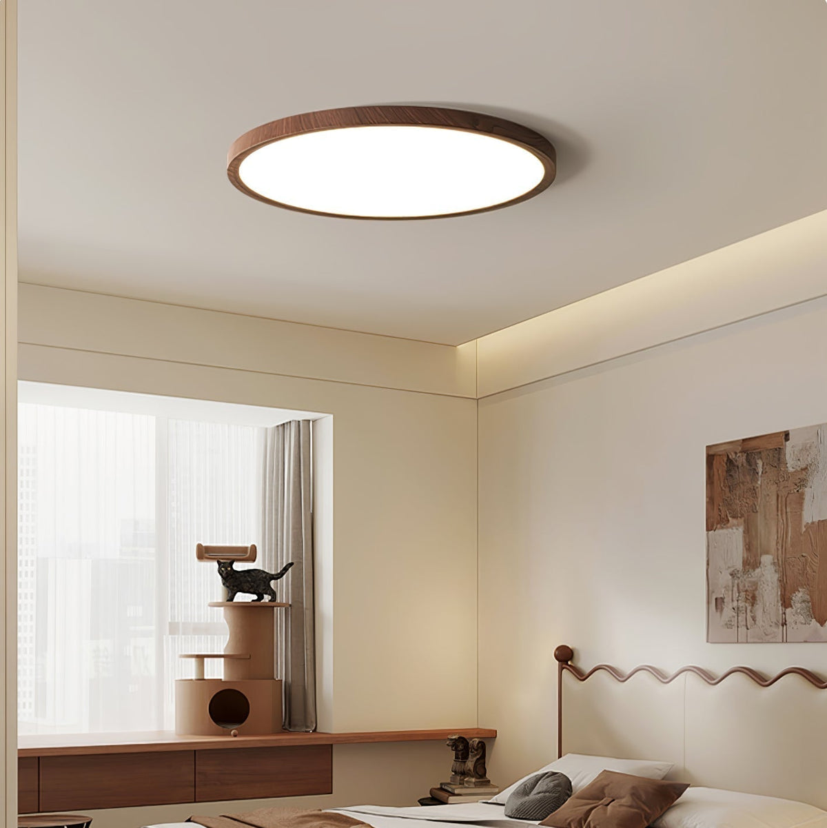 Slimline Flush-Mount LED Overhead Fixture – Faux Wood Grain Acrylic Panel – 12-20 in Diameter | Thomler