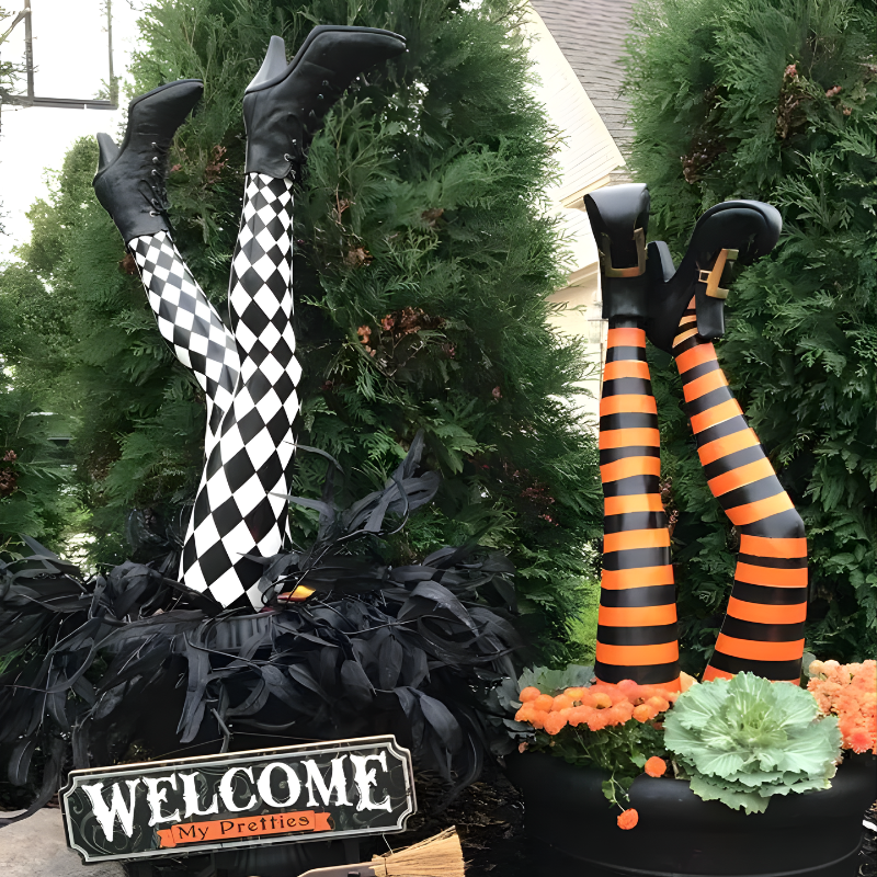 Striped Witch Leg Stakes with Curly-Toe Boots – 2-Piece Halloween Garden Decor Set | Thomler
