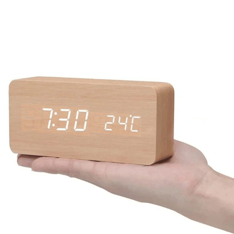 Voice-Activated Wooden LED Clock – Natural Grain Display for Bedroom or Living Room | Thomler