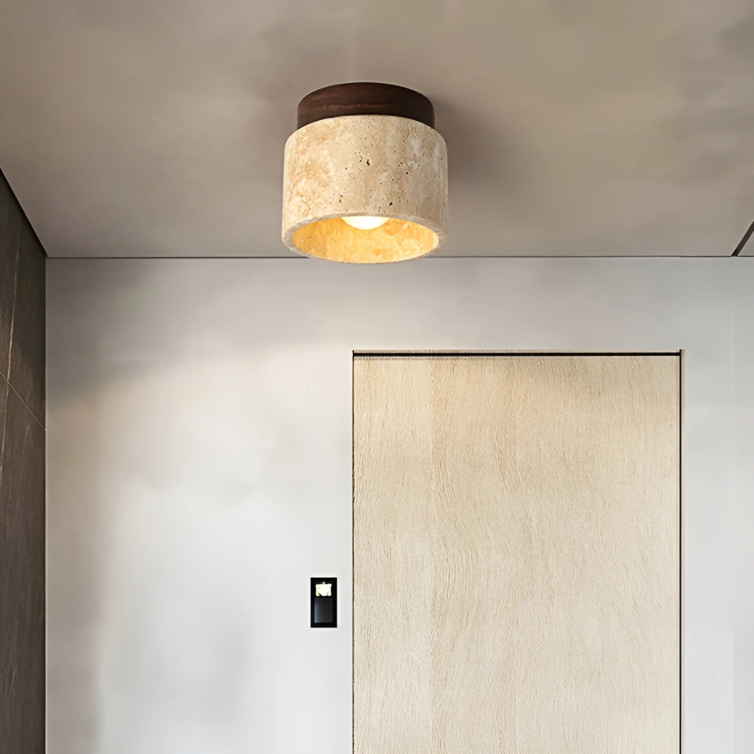 Flush Mount Ceiling Light with Natural Stone & Wood Finish – Japanese Minimalist Design for Bedroom Living Room Entryway | Thomler