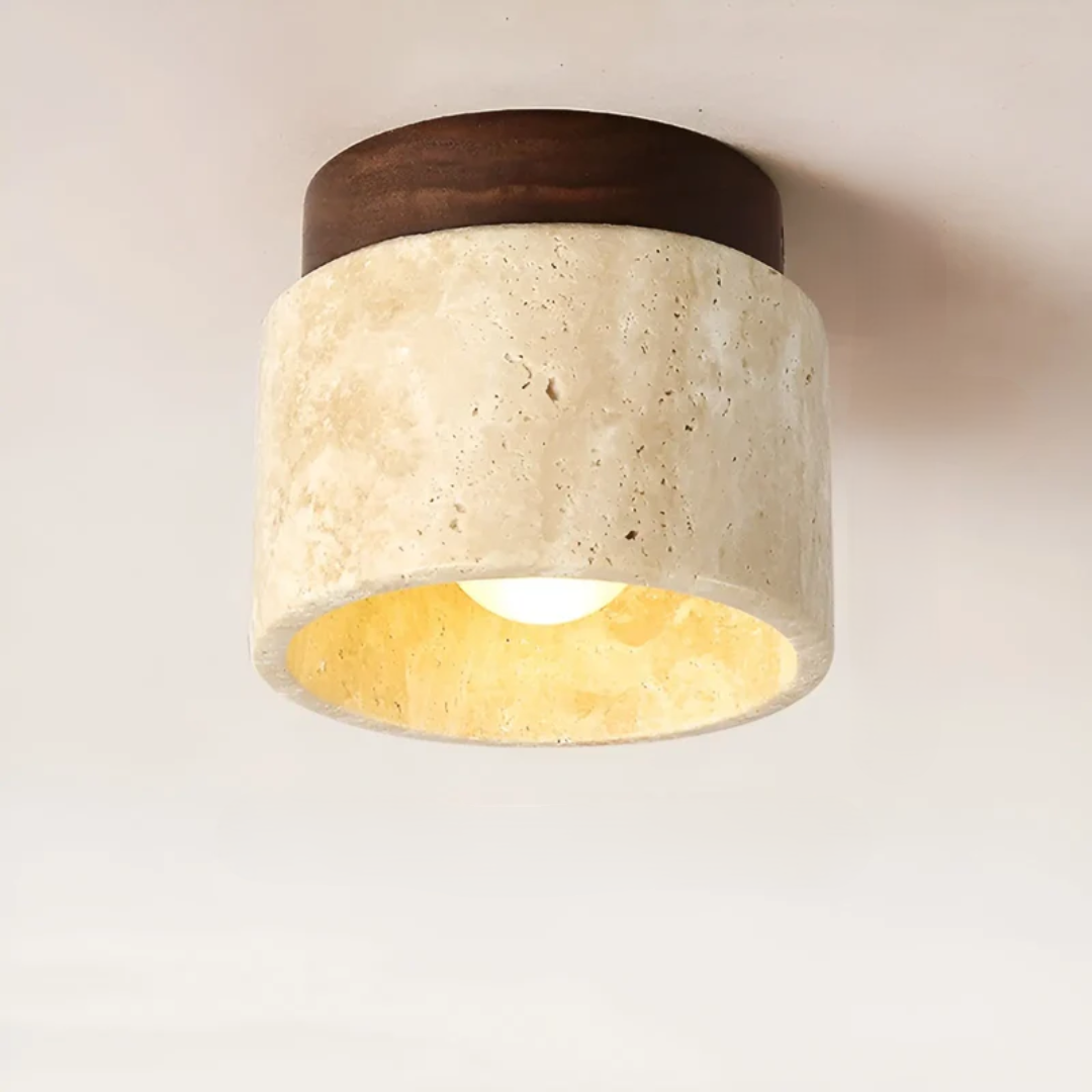 Flush Mount Ceiling Light with Natural Stone & Wood Finish – Japanese Minimalist Design for Bedroom Living Room Entryway | Thomler