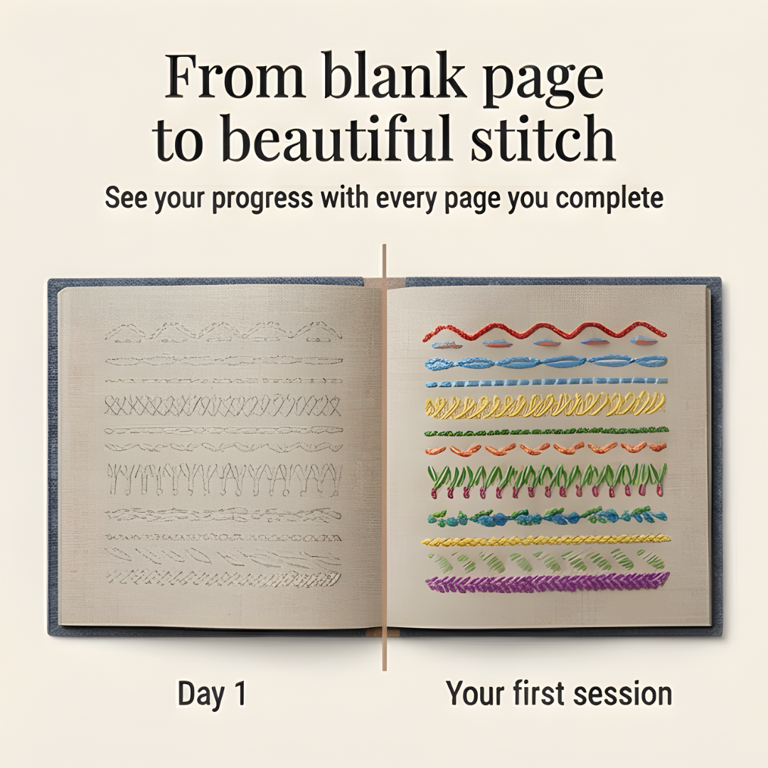 Removable-Page Needlework Learning Kit with 106 Techniques on Linen Sheets & 86-Piece Tool Set for Beginners | Thomler