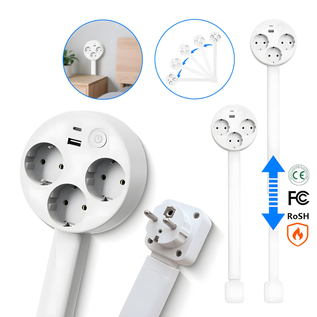 Extendable Wall Outlet with USB-C & USB-A Ports – 180° Swivel Power Strip for Behind Furniture, Desks & Nightstands | Thomler