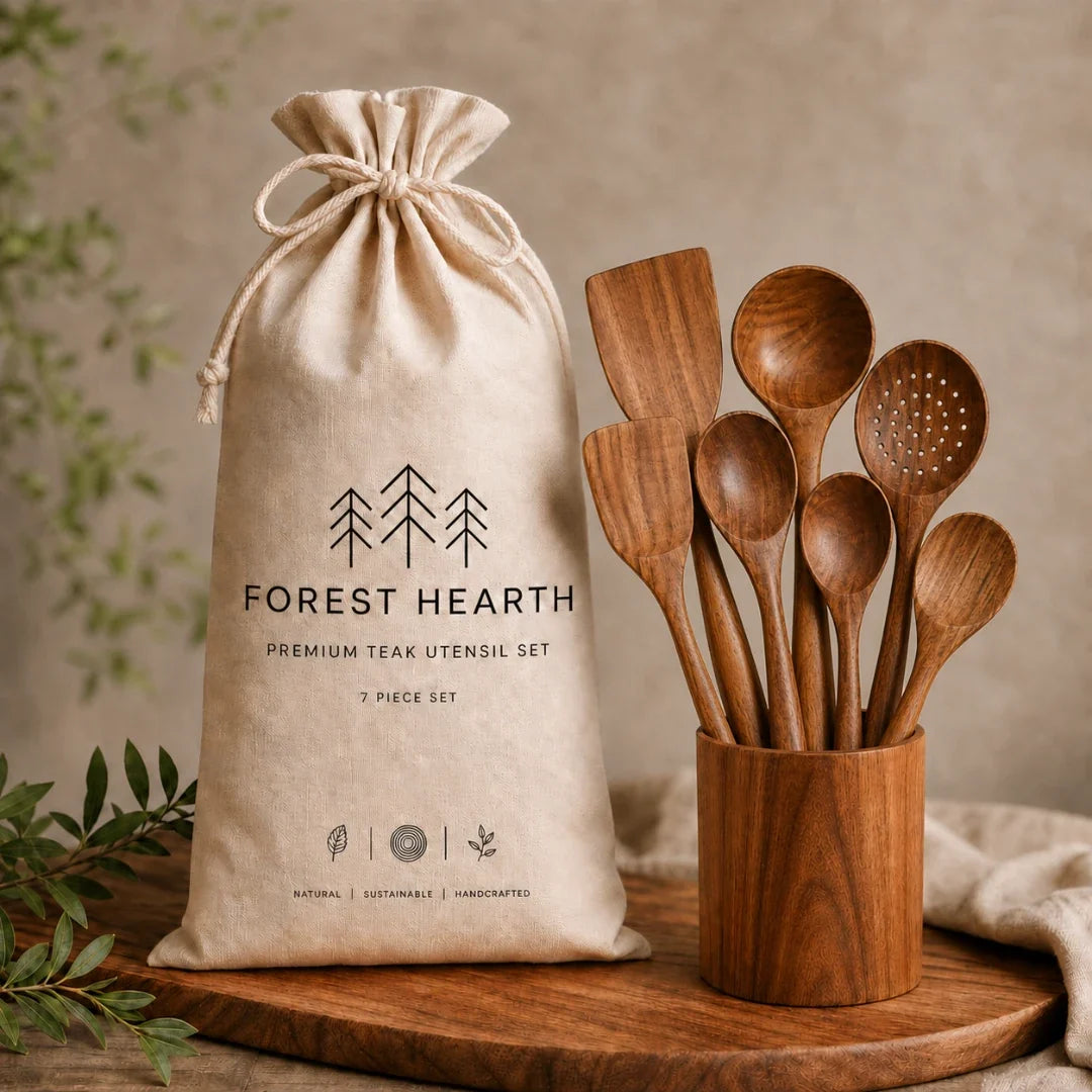 Teak Cooking Spoons & Spatulas – 7-Piece Natural Wood Kitchen Tool Set | Thomler