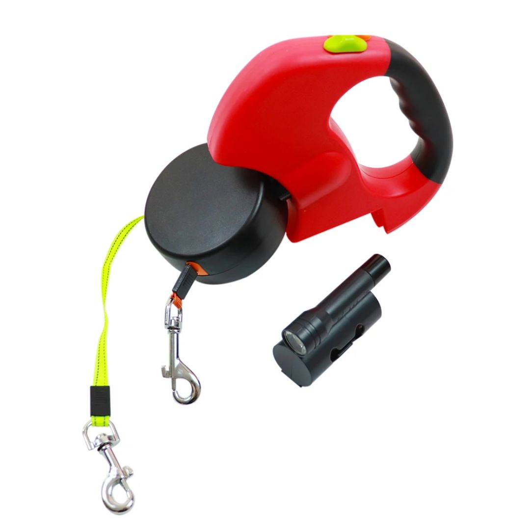 Dual Retractable Dog Leash with LED Flashlight & Waste Bag Holder for Two Dogs Up to 26 lb Each | Thomler