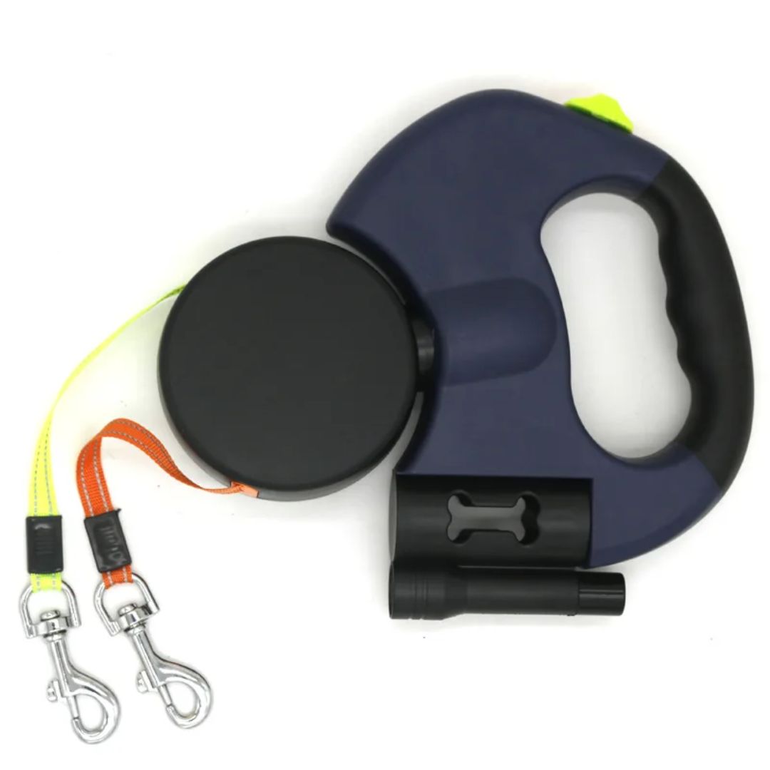 Dual Retractable Dog Leash with LED Flashlight & Waste Bag Holder for Two Dogs Up to 26 lb Each | Thomler