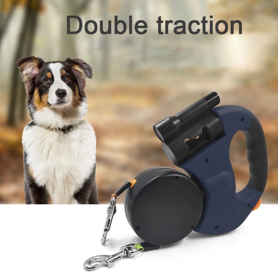 Dual Retractable Dog Leash with LED Flashlight & Waste Bag Holder for Two Dogs Up to 26 lb Each | Thomler
