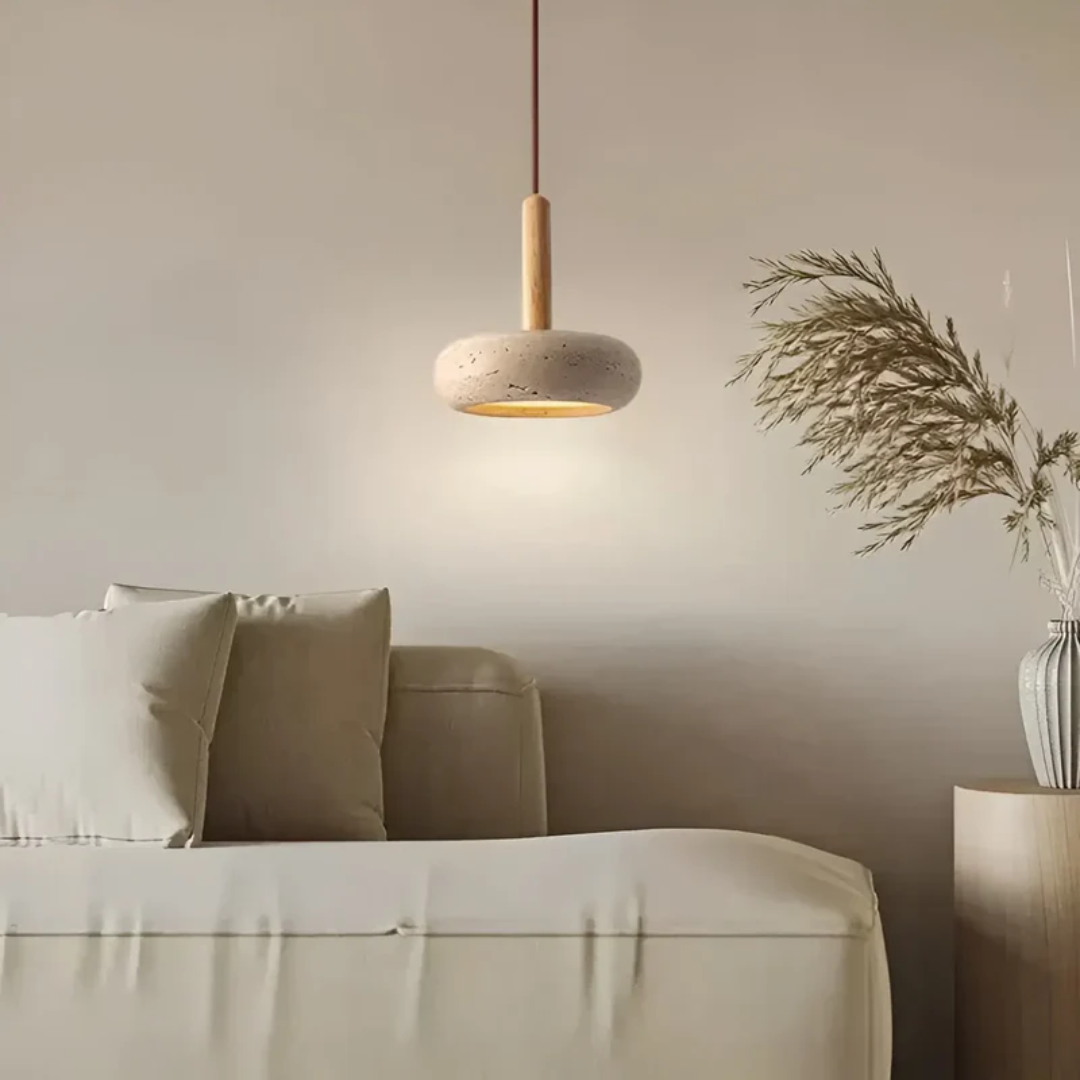 Japanese-Inspired Hanging Light with Natural Stone & Wood – 6 in Pendant – Adjustable Drop up to 79 in – LED Warm Glow – Easy Install | Thomler