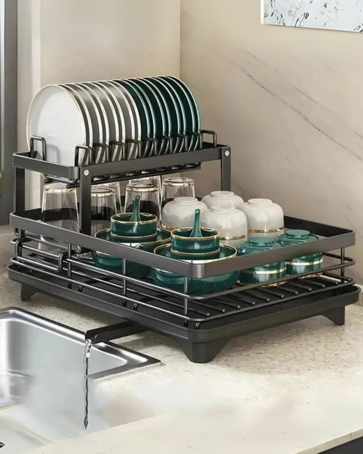 Modern afdruiprek van carbon staal met 360° draaibare afvoer – luxe keukendroogrek met meerdere niveaus | Sansoti