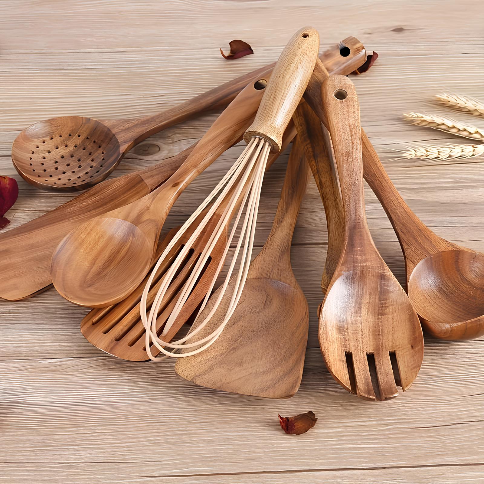 Kitchen Utensil Set Teak Wood 11 Piece Natural Cooking Tools Holder Non Stick Kitchen Accessories | Thomler