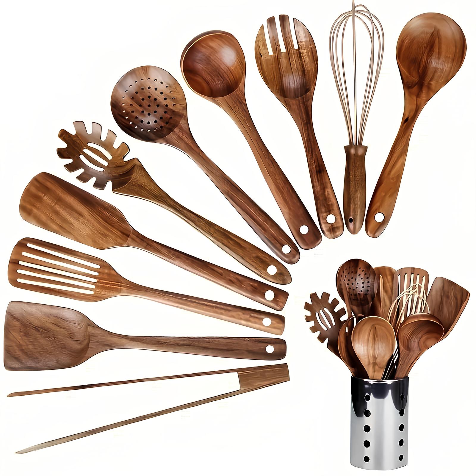 Kitchen Utensil Set Teak Wood 11 Piece Natural Cooking Tools Holder Non Stick Kitchen Accessories | Thomler