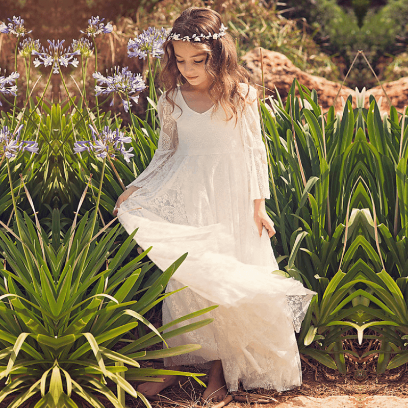 Girls First Communion Dress White Lace Bohemian Flower Girl Gown Soft Cotton Blend for Special Occasions Wedding Easter | Thomler
