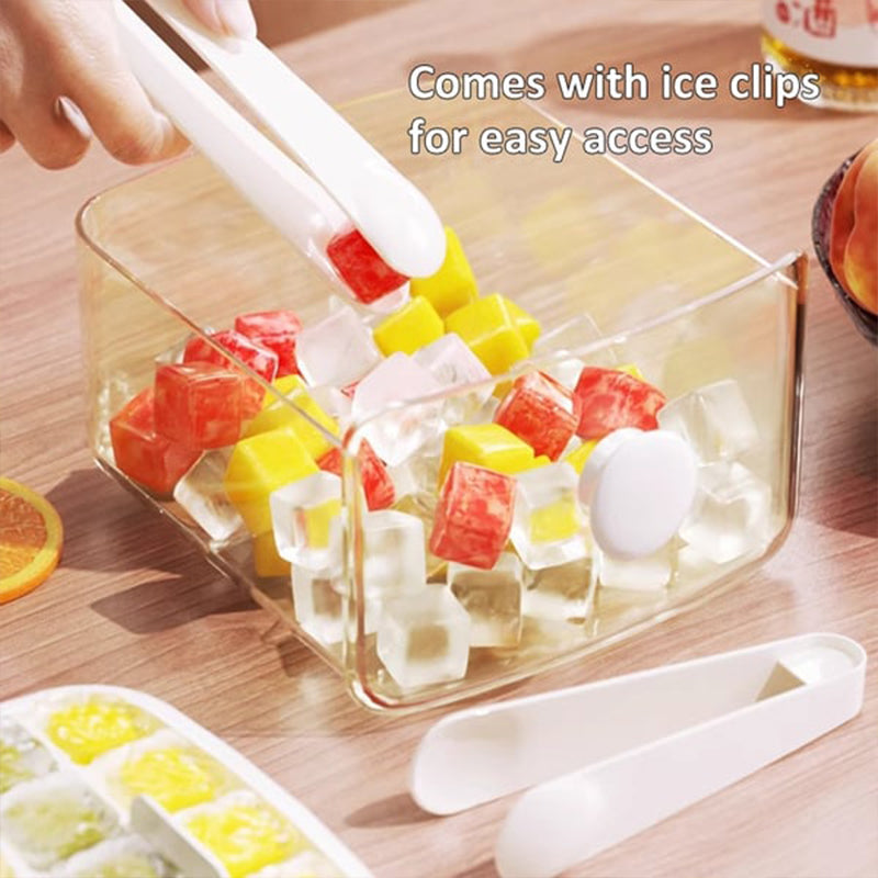 Dual-Layer Press-Button Ice Maker Tray with Storage Container – Makes 48 Cubes – Food-Safe Freezer Bin | Thomler