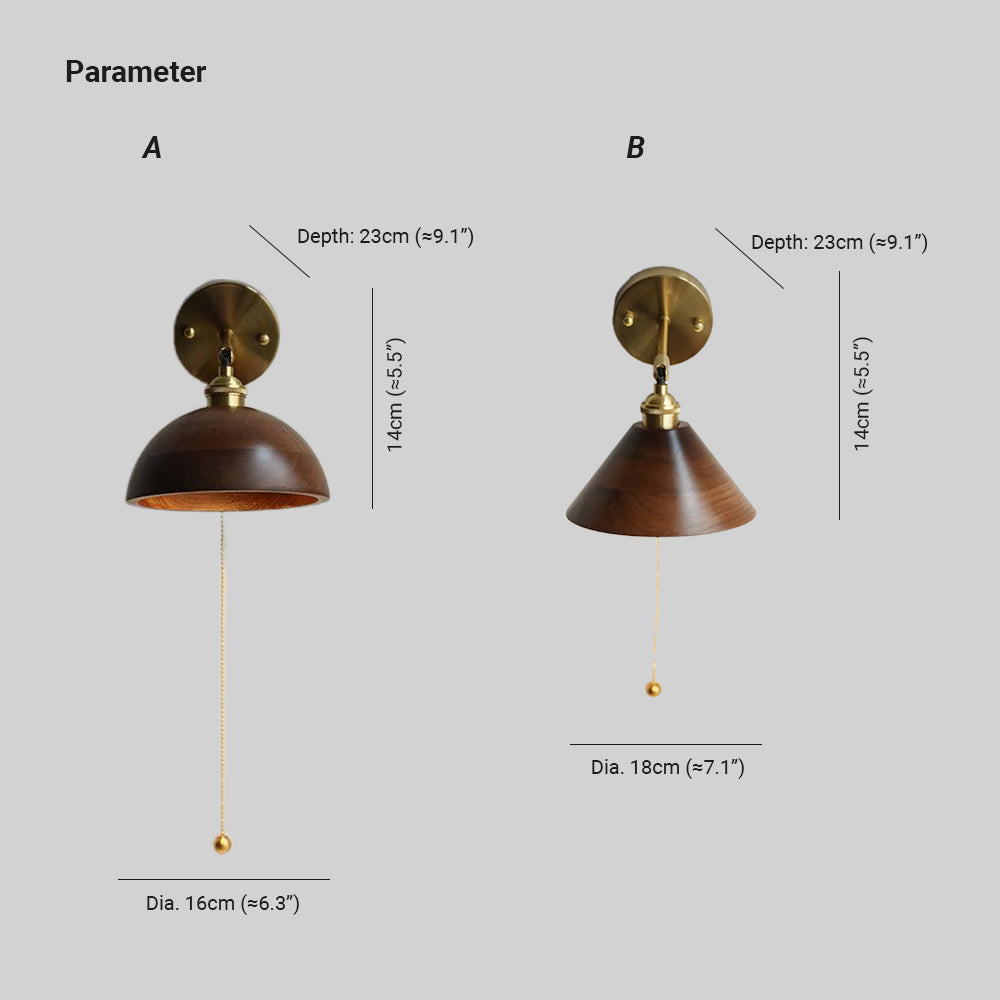 Dome Wood & Metal Sconce with Pull-Switch – Hardwired Bedroom Wall Light for Natural Vintage Ambiance | Thomler