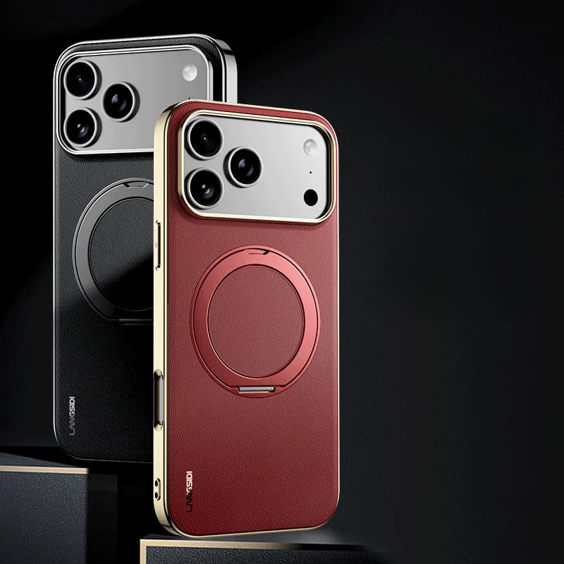 Leather MagSafe iPhone Case with 360° Rotating Ring Stand & Metallic Frame for iPhone 17, 16, 15, 14 Pro Max Plus Air | Thomler