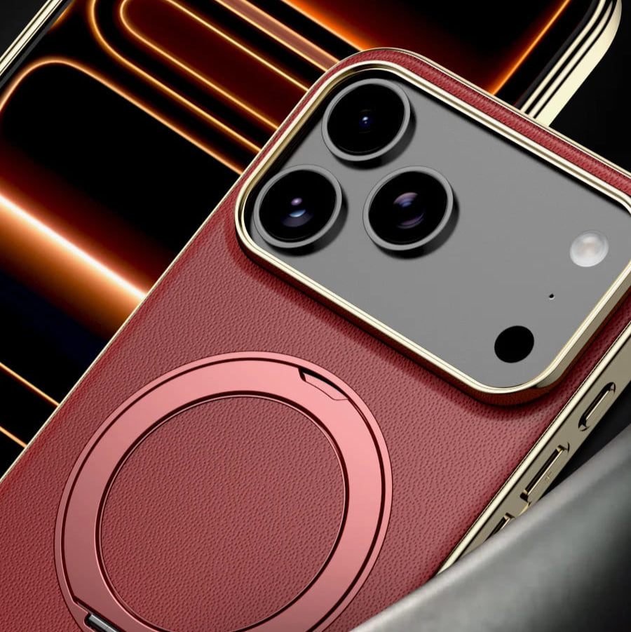 Leather MagSafe iPhone Case with 360° Rotating Ring Stand & Metallic Frame for iPhone 17, 16, 15, 14 Pro Max Plus Air | Thomler