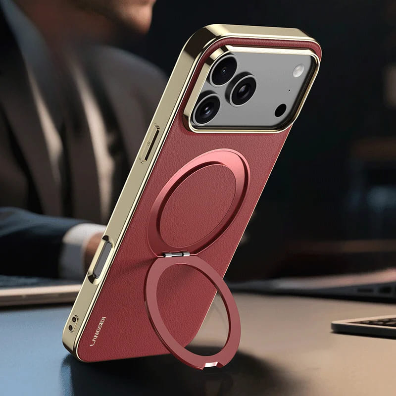 Leather MagSafe iPhone Case with 360° Rotating Ring Stand & Metallic Frame for iPhone 17, 16, 15, 14 Pro Max Plus Air | Thomler