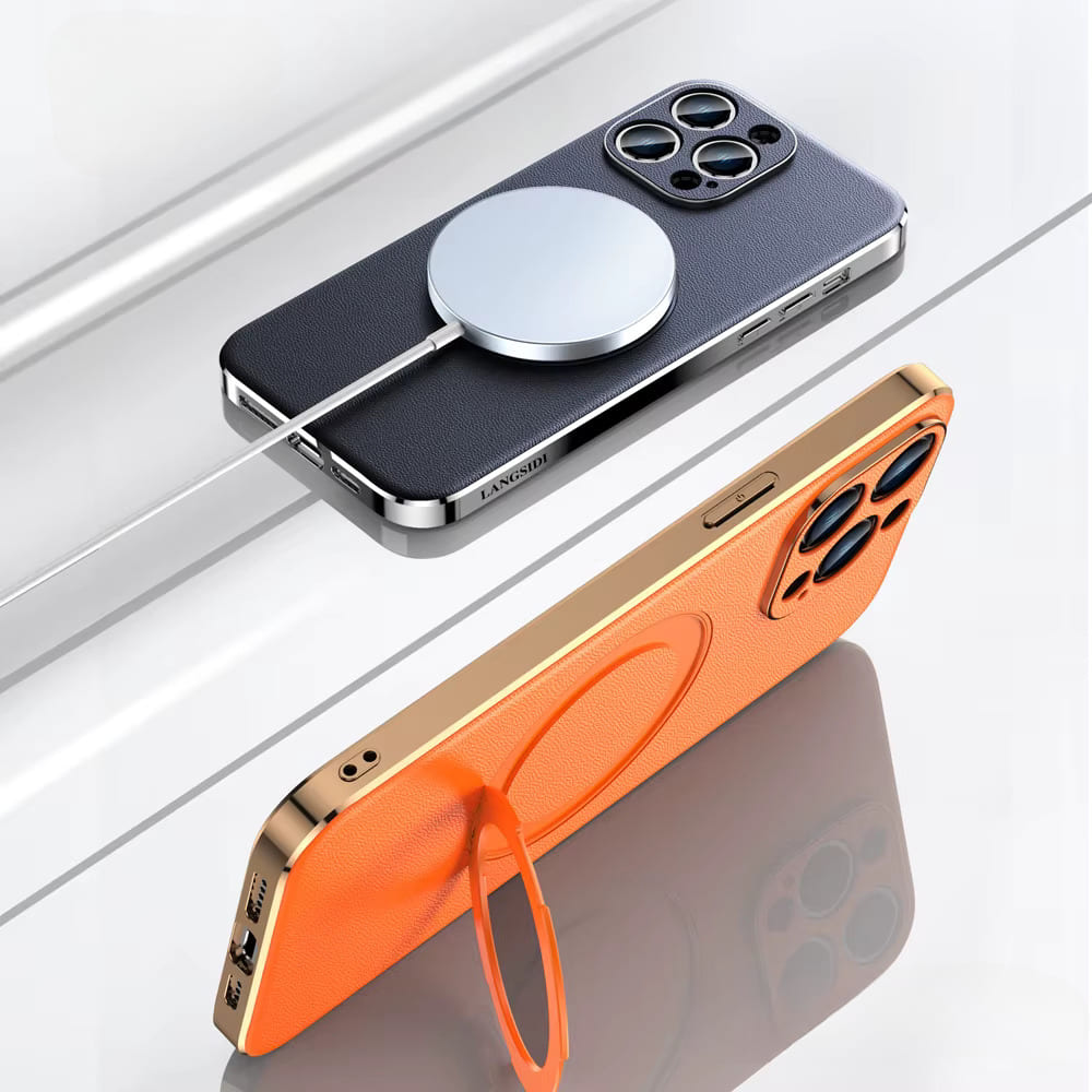 Leather MagSafe iPhone Case with 360° Rotating Ring Stand & Metallic Frame for iPhone 17, 16, 15, 14 Pro Max Plus Air | Thomler