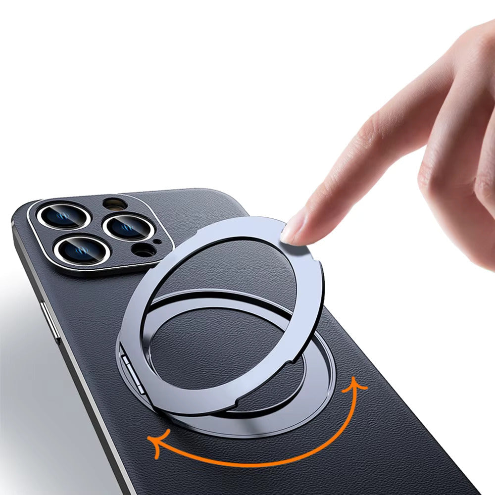Leather MagSafe iPhone Case with 360° Rotating Ring Stand & Metallic Frame for iPhone 17, 16, 15, 14 Pro Max Plus Air | Thomler