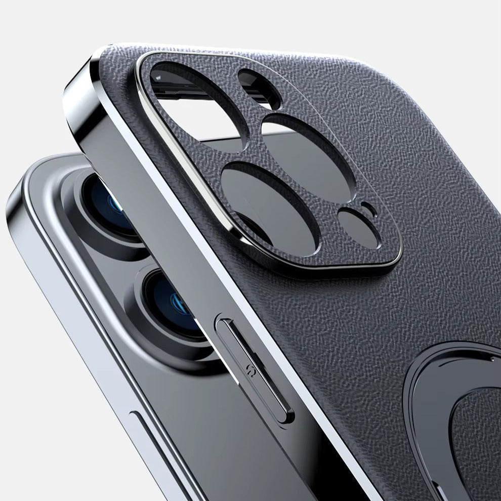 Leather MagSafe iPhone Case with 360° Rotating Ring Stand & Metallic Frame for iPhone 17, 16, 15, 14 Pro Max Plus Air | Thomler