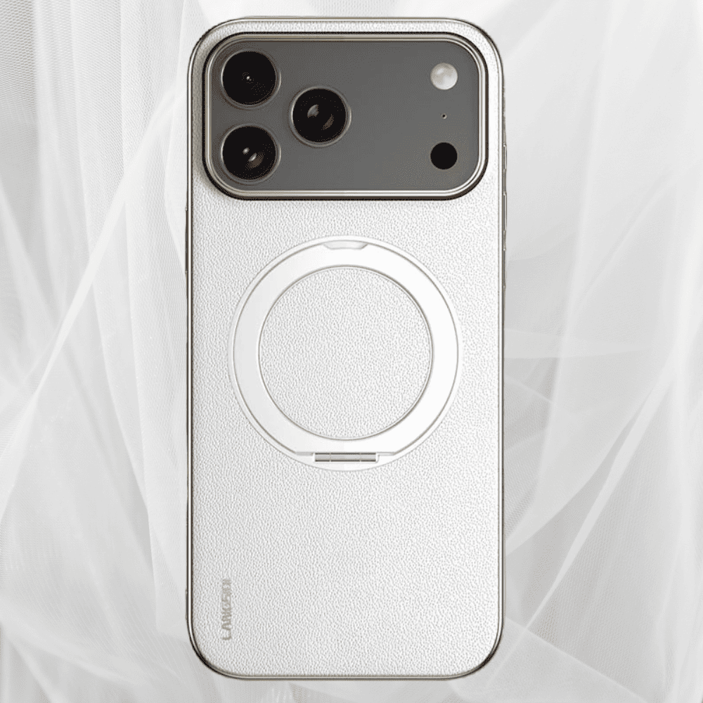 Leather MagSafe iPhone Case with 360° Rotating Ring Stand & Metallic Frame for iPhone 17, 16, 15, 14 Pro Max Plus Air | Thomler