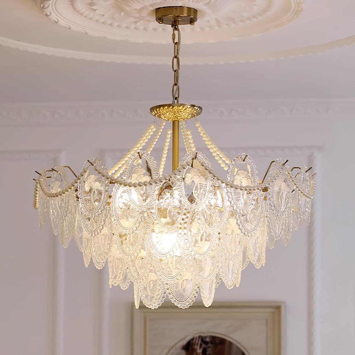 Tiered Glass Bead Chandelier with Polished Gold Hardware – Modern Pendant Ceiling Light | Thomler