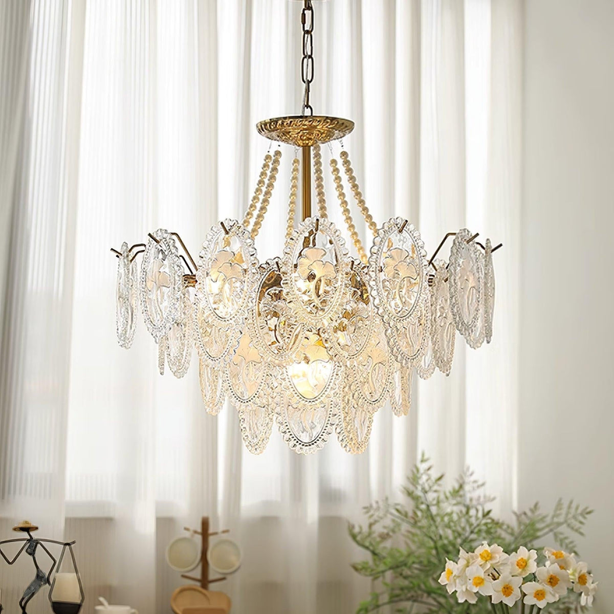 Tiered Glass Bead Chandelier with Polished Gold Hardware – Modern Pendant Ceiling Light | Thomler