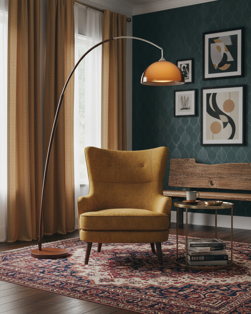 Floor Lamp Metal Arched 65 in Amber Dome Living Room Reading Modern Mid Century Lighting Adjustable Height | Thomler
