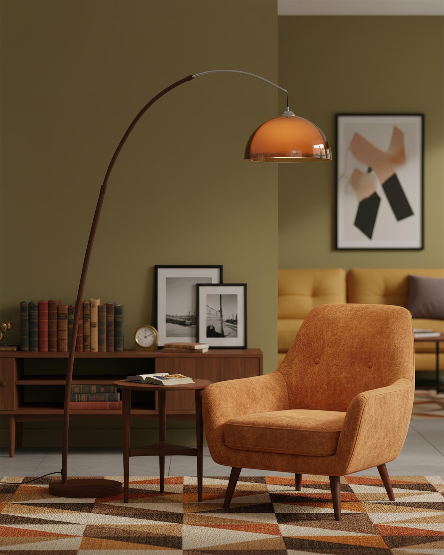 Floor Lamp Metal Arched 65 in Amber Dome Living Room Reading Modern Mid Century Lighting Adjustable Height | Thomler