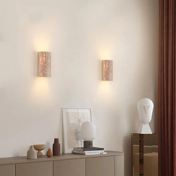 Stone Textured Half-Cylinder LED Indoor Sconce – Travertine Wall Fixture for Bedroom Hallway Living Room – Hardwired E27 Socket 9W Warm Glow | Thomler