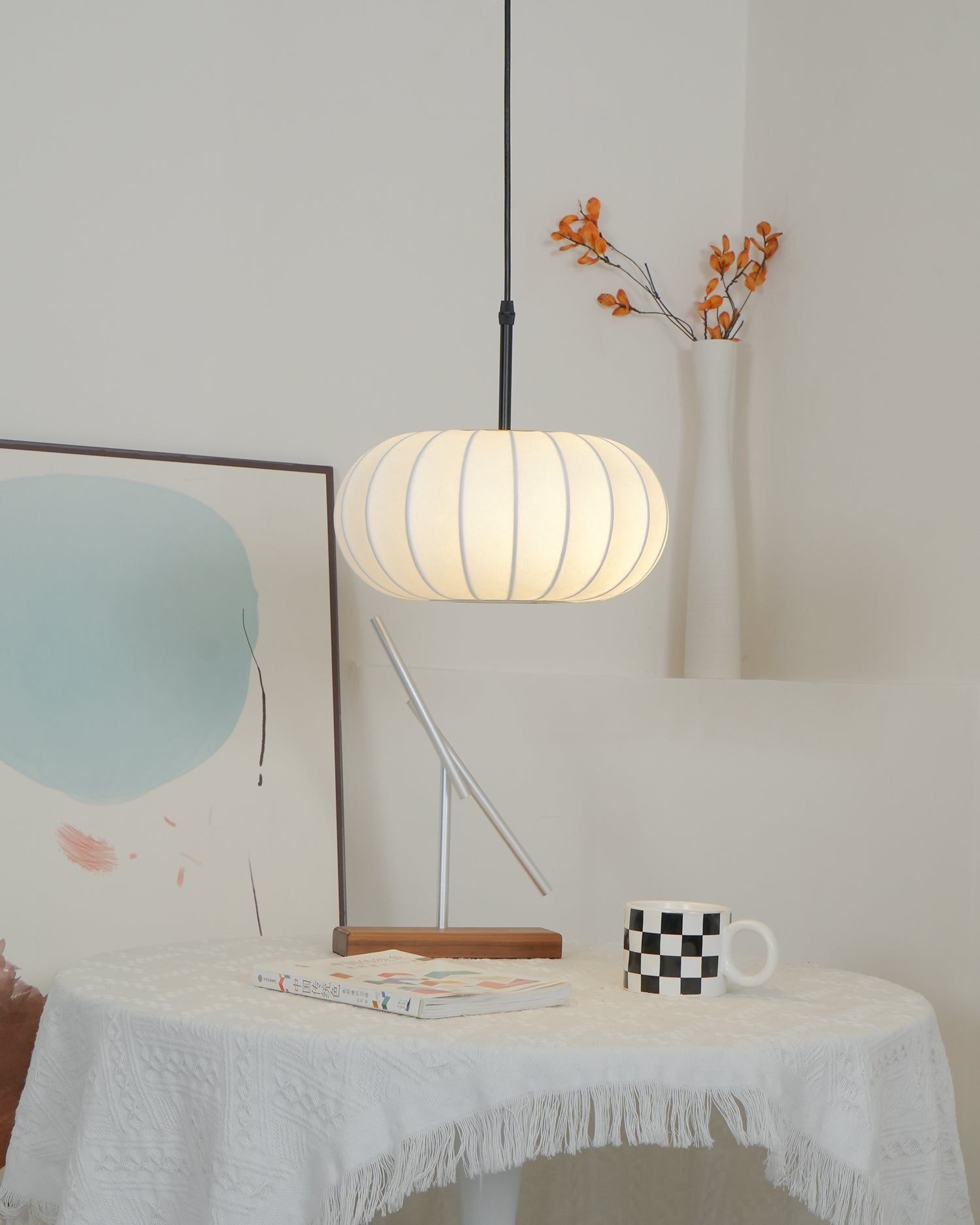 Pendant Light Fabric Shade 19.6 in Adjustable Ceiling Lamp White Black Dining Room Kitchen Island Hanging Light | Thomler