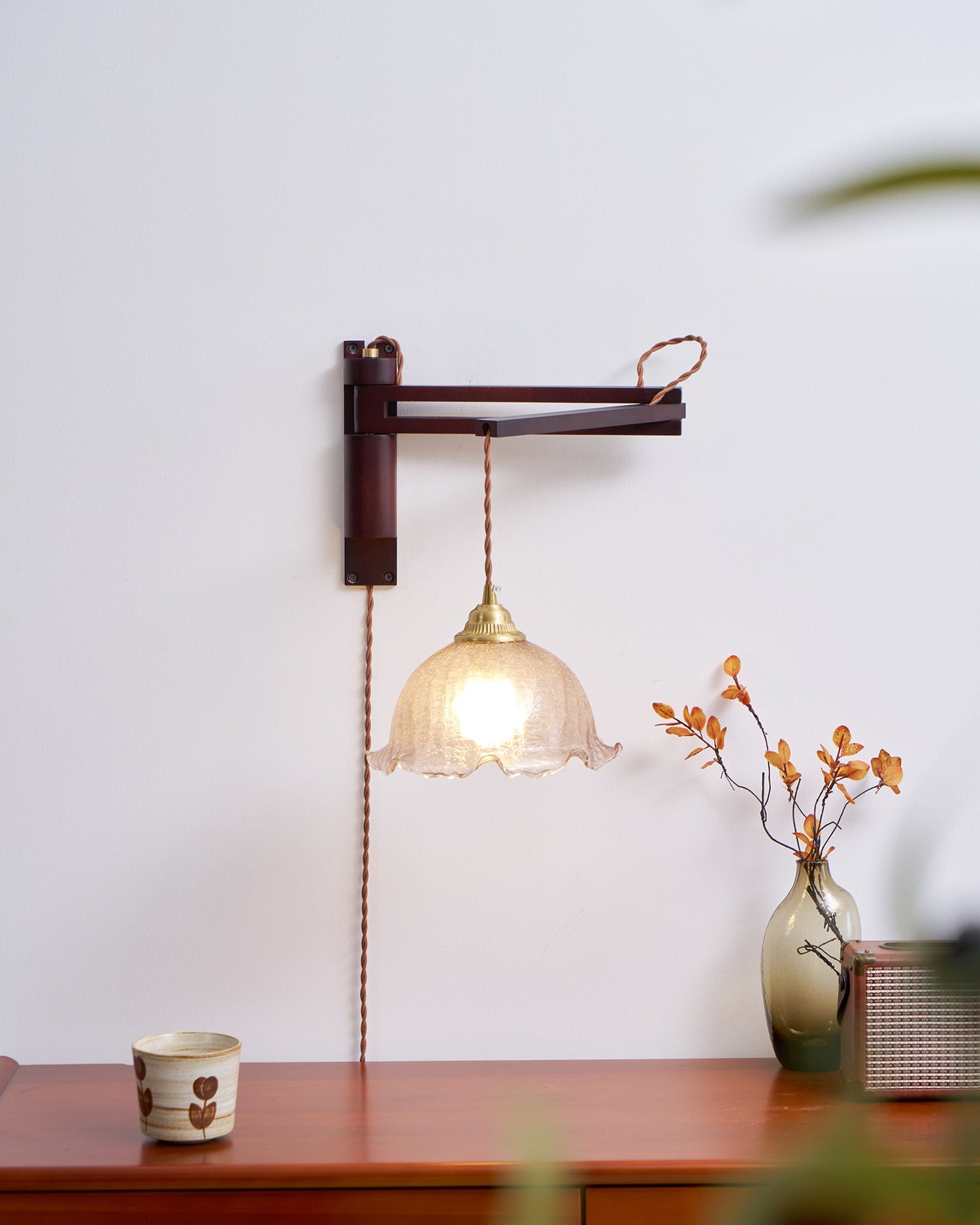 Wall Lamp Wood Adjustable Arm 9 in (23.0 cm) E26 Indoor Bedroom Living Room Lighting Fixture Frosted Glass Amber White Pleated Shade | Thomler