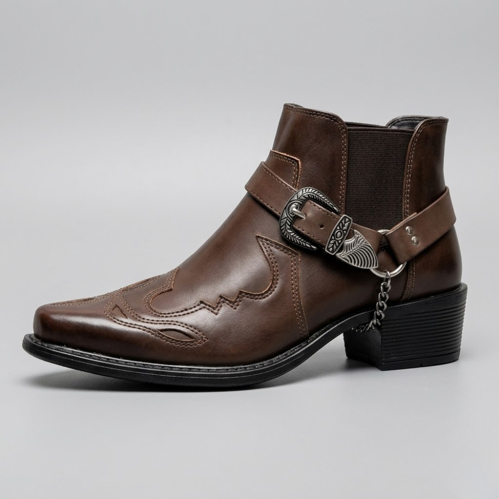 Men's Cowboy Boots with Sharp Pointed Toe and Adjustable Buckle – Classic Leather High-Shaft Western Footwear for Casual Wear and Outdoor | Thomler