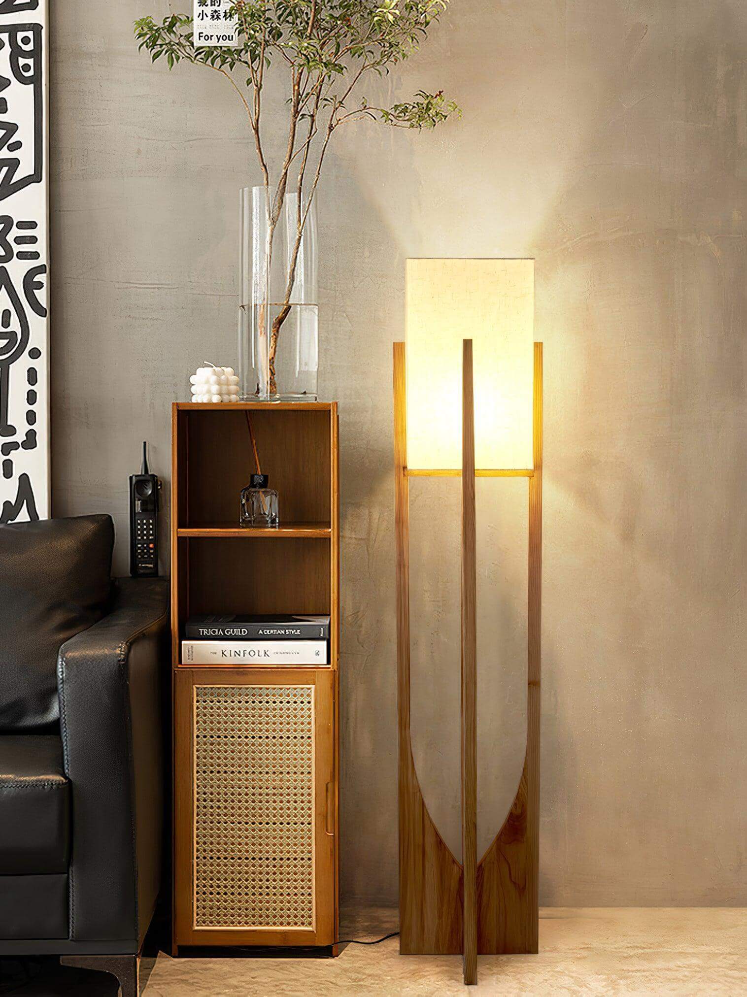 Floor Lamp Wood Fabric Shade 57 in Retro Living Room Bedroom Mid Century Standing Light Ambient Lighting | Thomler