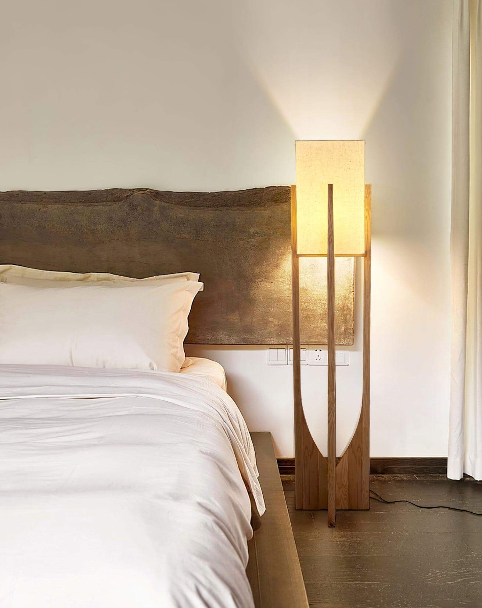 Floor Lamp Wood Fabric Shade 57 in Retro Living Room Bedroom Mid Century Standing Light Ambient Lighting | Thomler