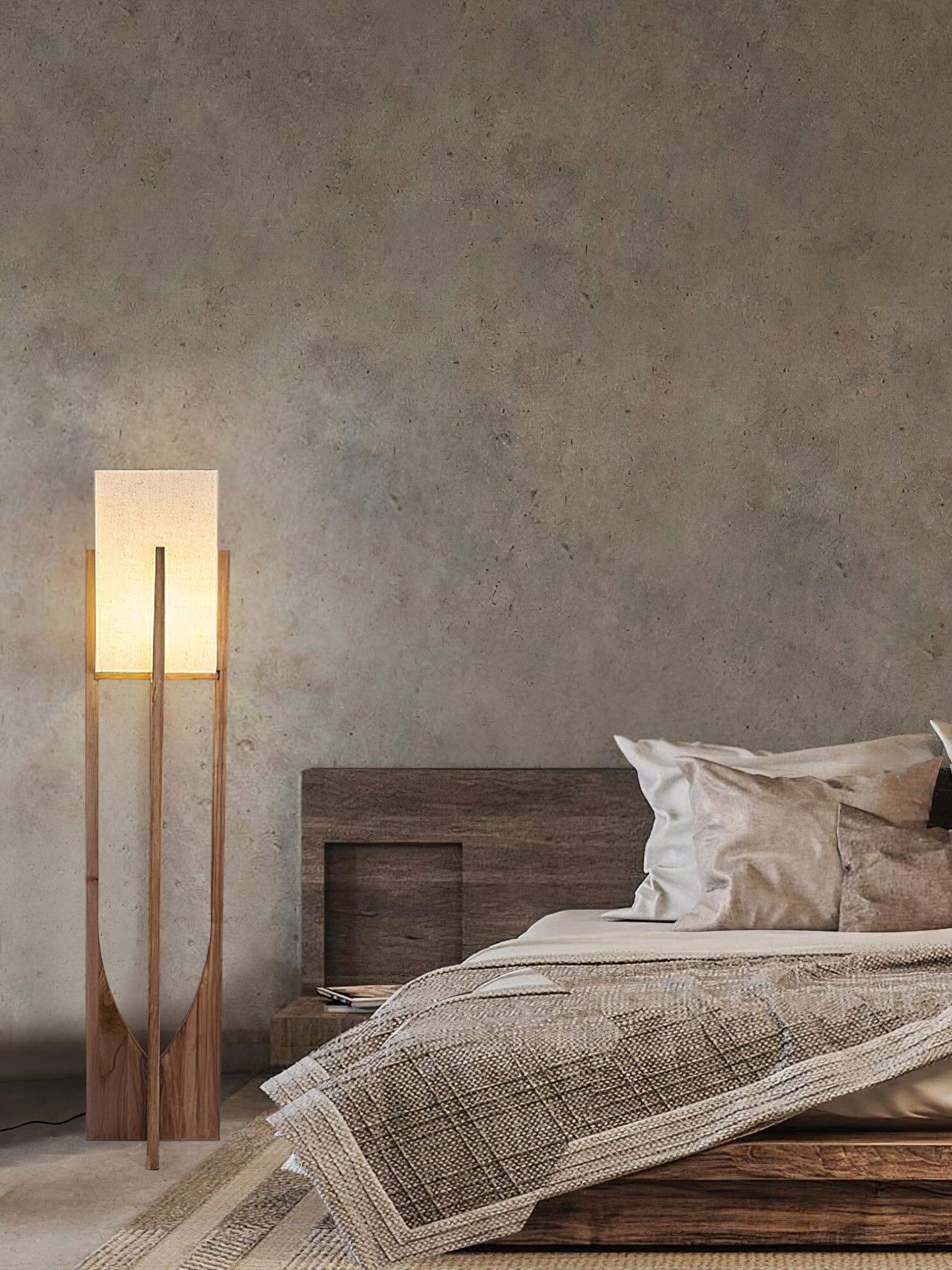 Floor Lamp Wood Fabric Shade 57 in Retro Living Room Bedroom Mid Century Standing Light Ambient Lighting | Thomler