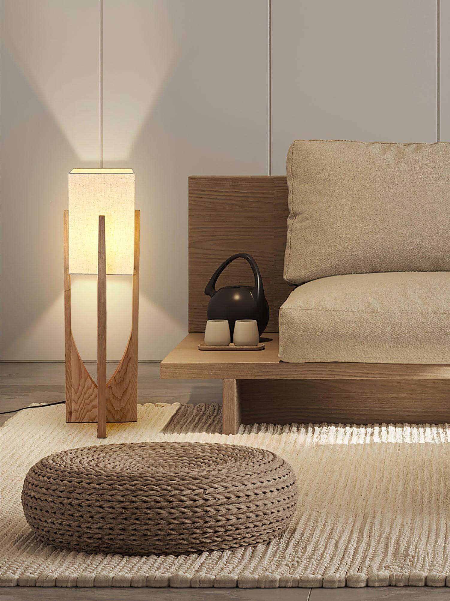 Floor Lamp Wood Fabric Shade 57 in Retro Living Room Bedroom Mid Century Standing Light Ambient Lighting | Thomler
