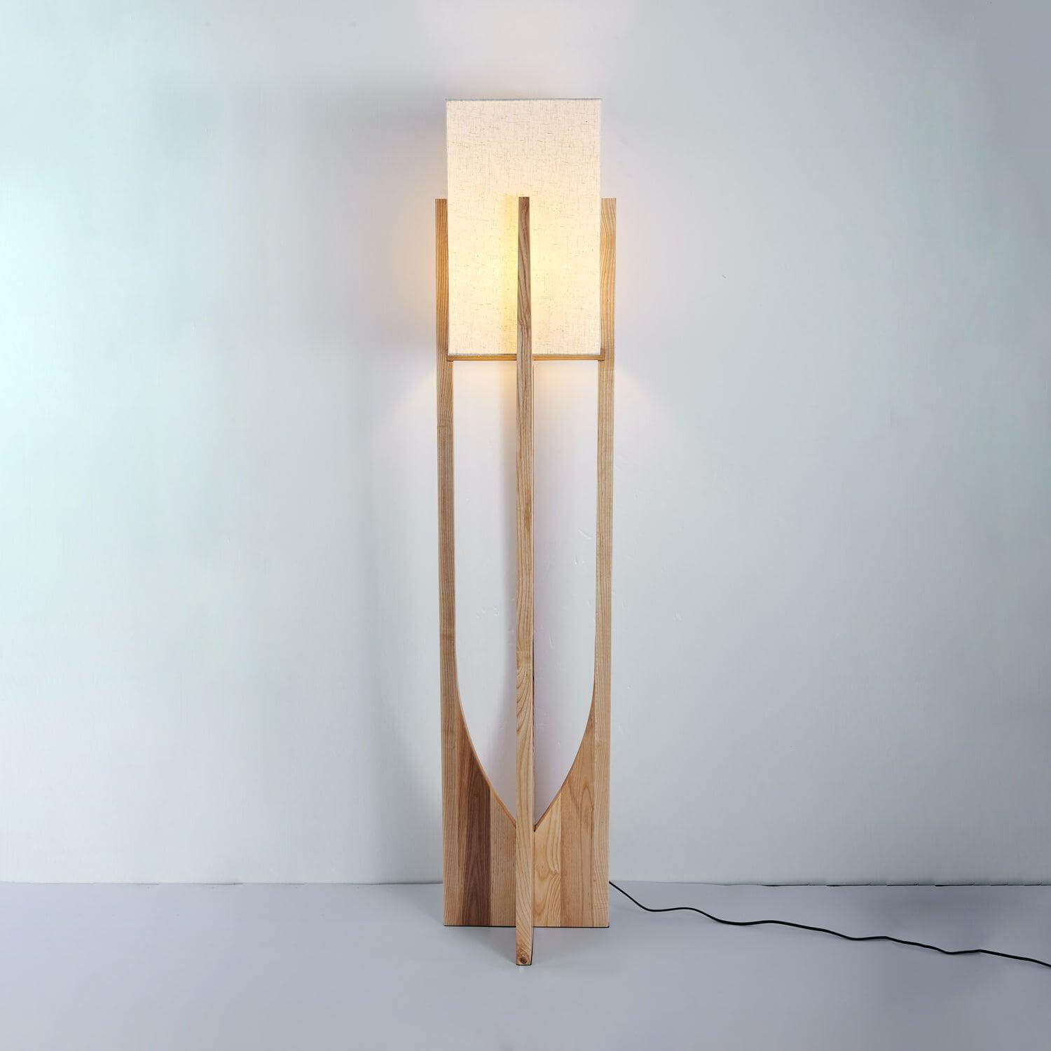 Floor Lamp Wood Fabric Shade 57 in Retro Living Room Bedroom Mid Century Standing Light Ambient Lighting | Thomler