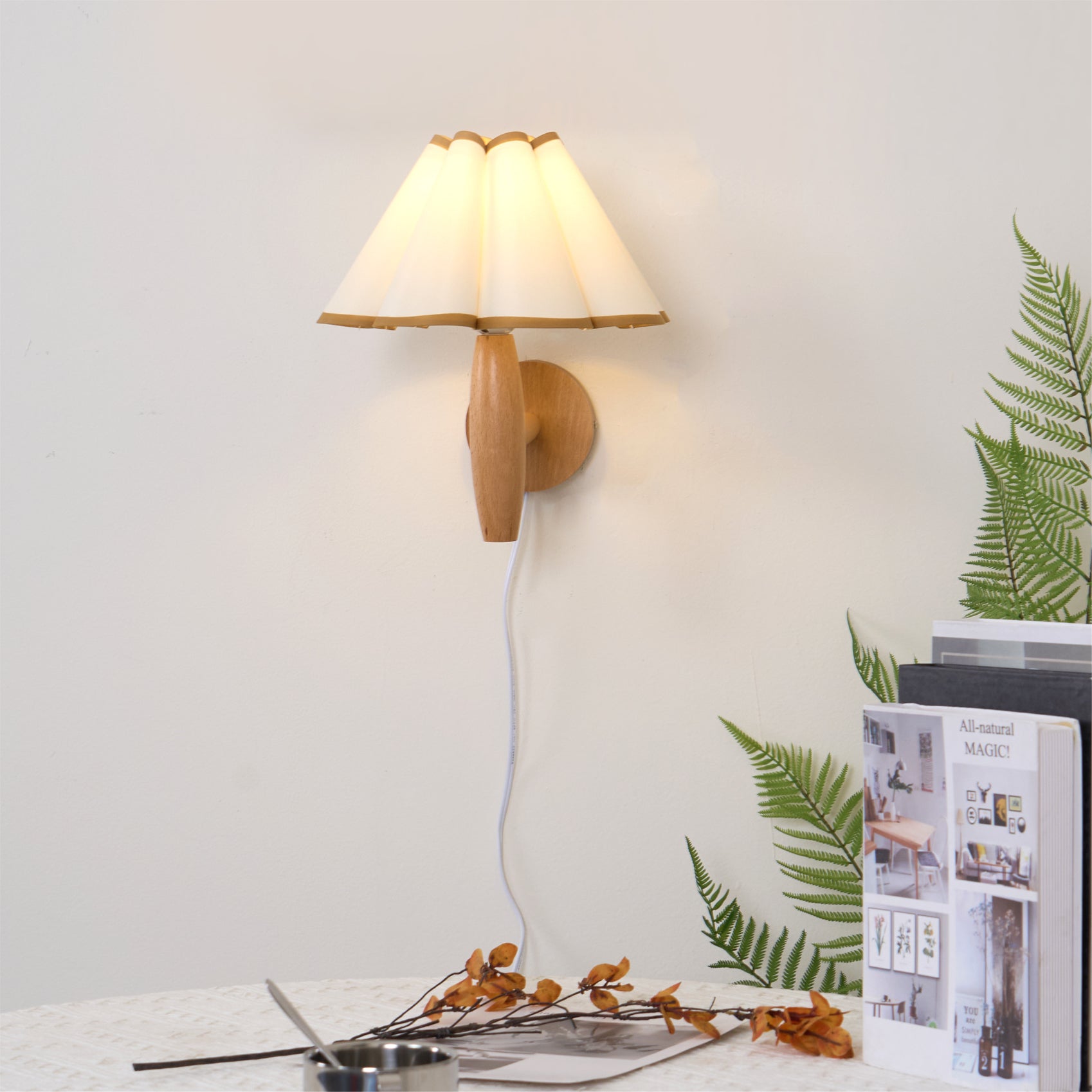 Wall Lamp Wood Fluted 12.2 in Indoor Living Room Bedroom Lighting Adjustable Vintage Style | Thomler