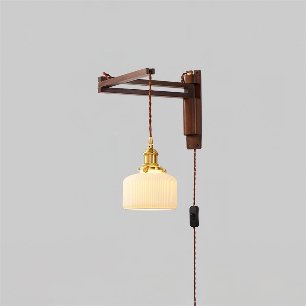 Wall Lamp Wood Adjustable Arm 9 in (23.0 cm) E26 Indoor Bedroom Living Room Lighting Fixture Frosted Glass Amber White Pleated Shade | Thomler