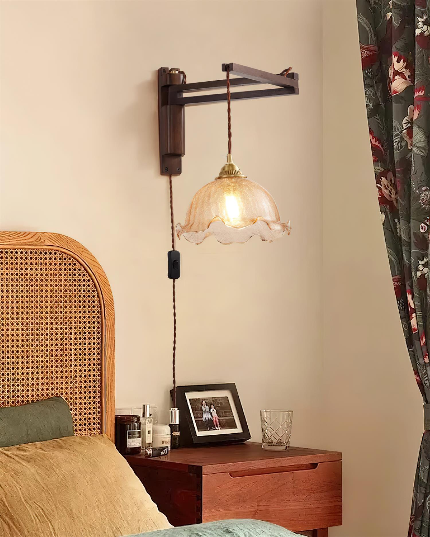 Wall Lamp Wood Adjustable Arm 9 in (23.0 cm) E26 Indoor Bedroom Living Room Lighting Fixture Frosted Glass Amber White Pleated Shade | Thomler