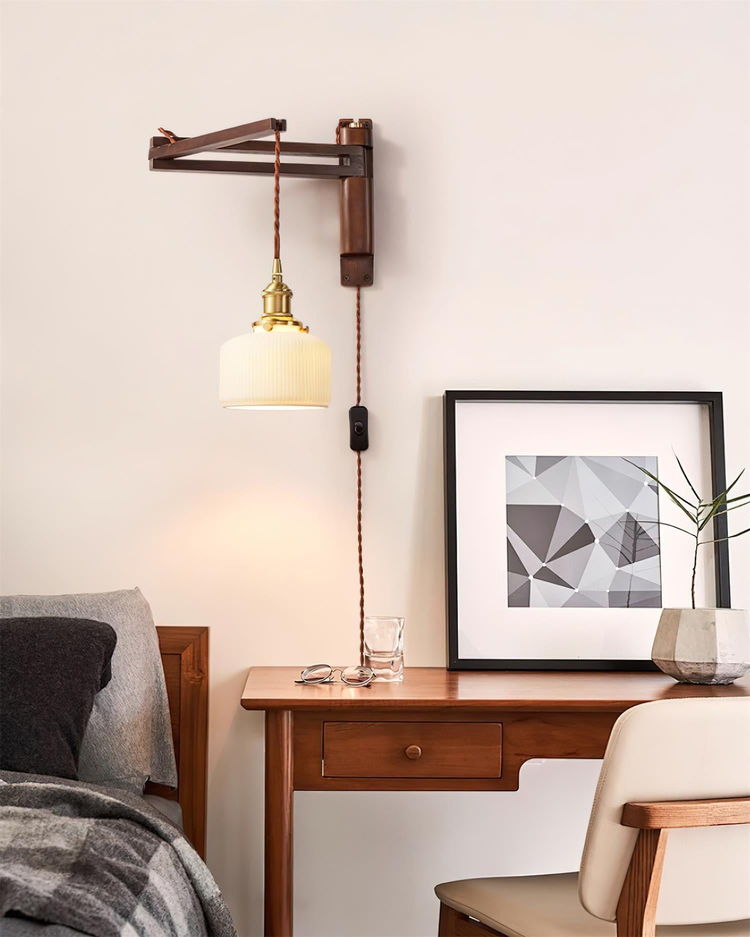 Wall Lamp Wood Adjustable Arm 9 in (23.0 cm) E26 Indoor Bedroom Living Room Lighting Fixture Frosted Glass Amber White Pleated Shade | Thomler