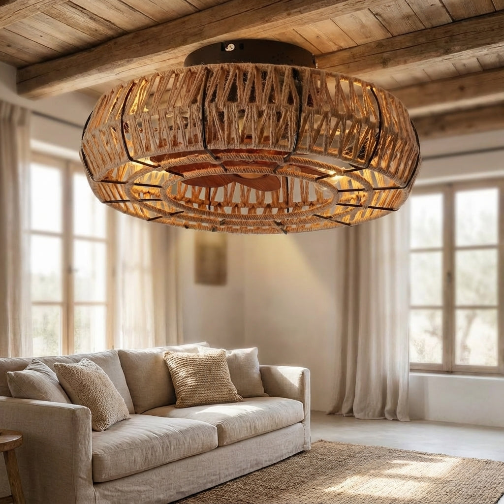 Ceiling Fan Hand Woven Natural Fibre 48.0 cm Rustic Living Room Bedroom Light Fixture Boho Zen Country Style | Thomler