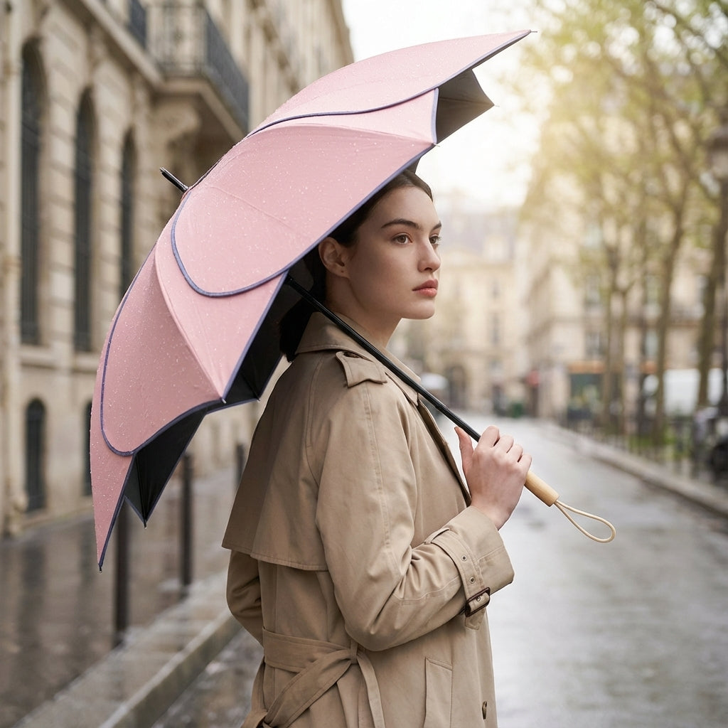 Floral Scalloped Canopy Rain & Sun Umbrella with Wood Handle – Women's Fashion Outdoor Accessory for All Seasons | Thomler