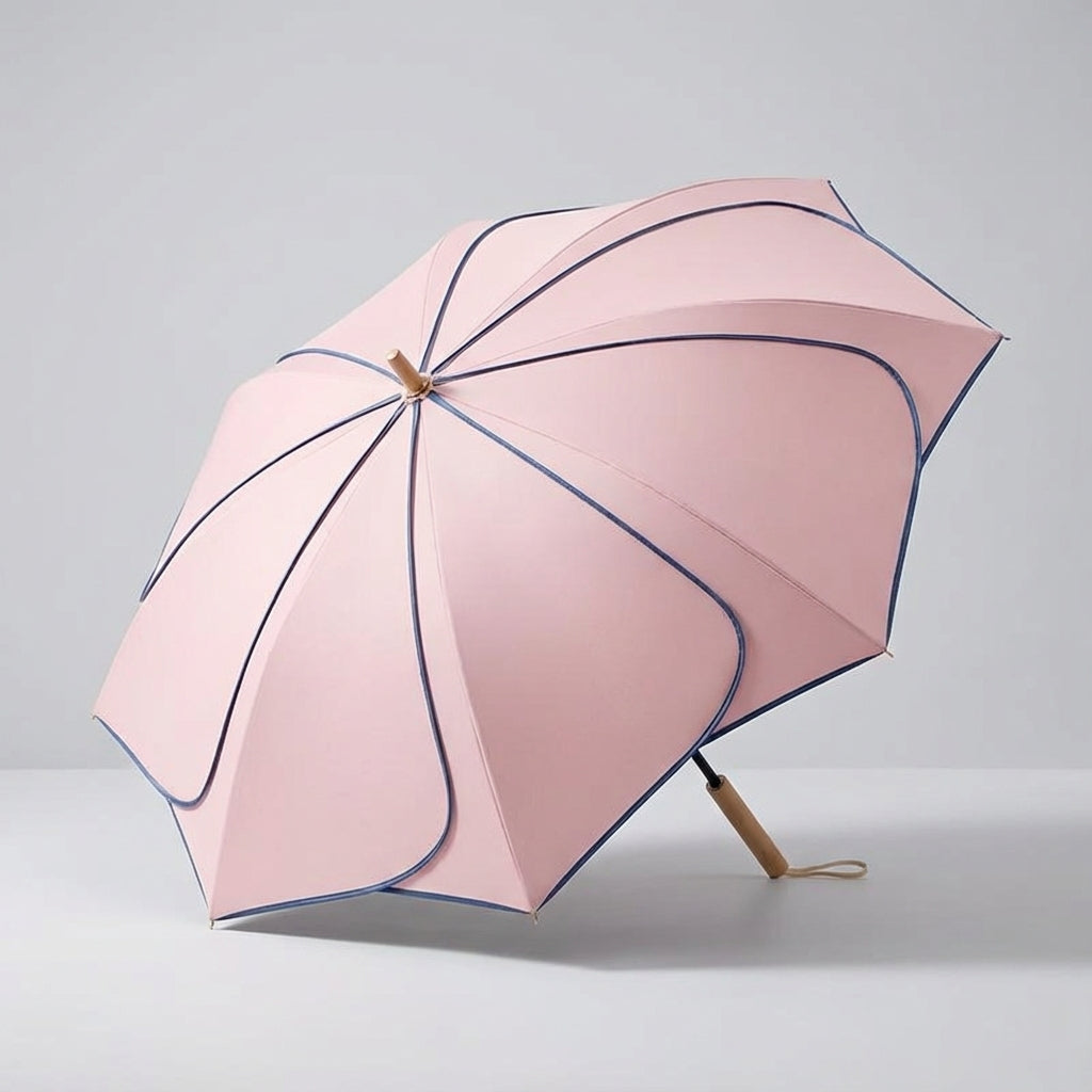 Floral Scalloped Canopy Rain & Sun Umbrella with Wood Handle – Women's Fashion Outdoor Accessory for All Seasons | Thomler