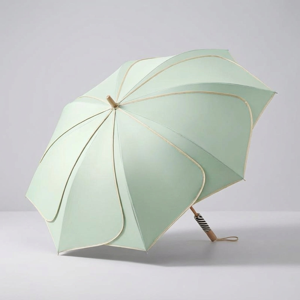 Floral Scalloped Canopy Rain & Sun Umbrella with Wood Handle – Women's Fashion Outdoor Accessory for All Seasons | Thomler