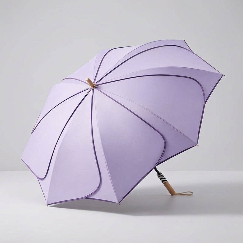 Floral Scalloped Canopy Rain & Sun Umbrella with Wood Handle – Women's Fashion Outdoor Accessory for All Seasons | Thomler