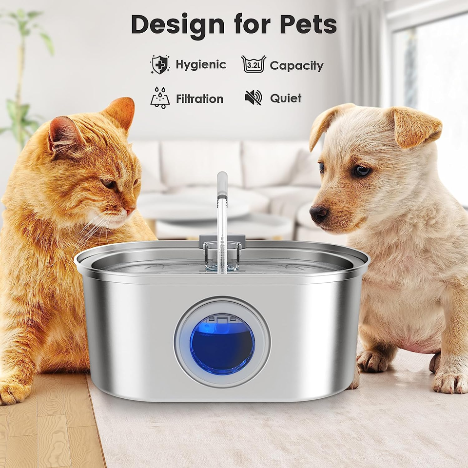 Stainless Steel Pet Water Fountain with Visible Level Window for Cats & Dogs – 0.85 Gallon Circulating Drinking Bowl with Dual Filter | Thomler