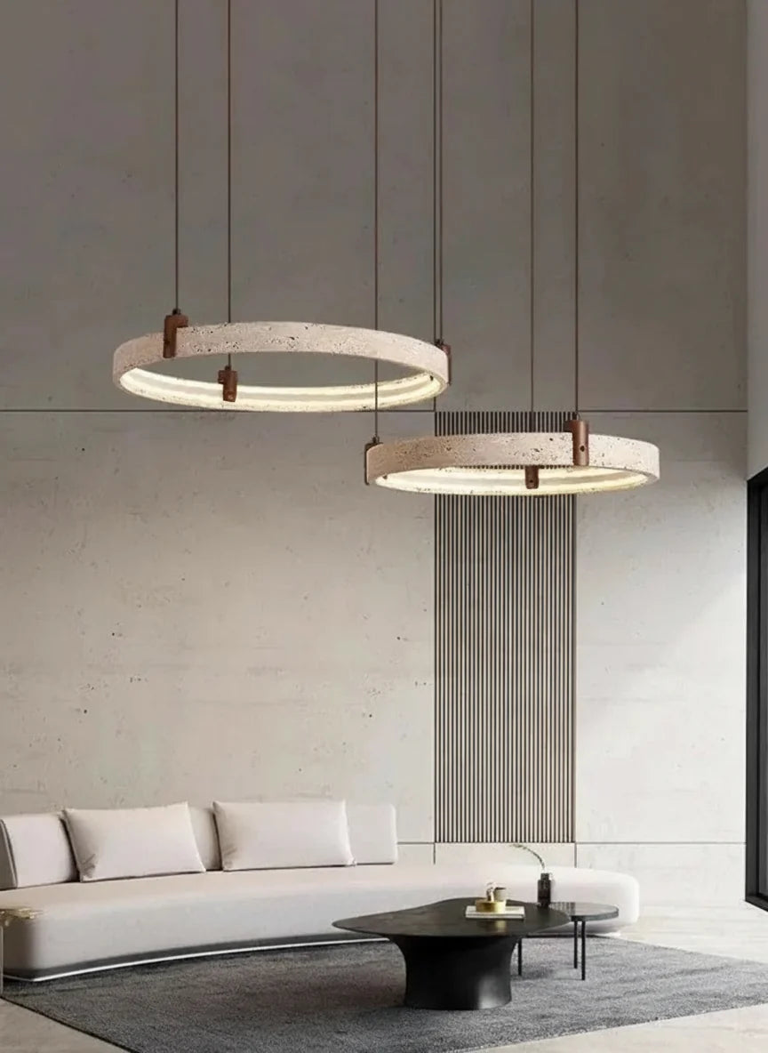Circular Stone Pendant Light with Ambient Glow – Natural Travertine Ceiling Fixture for Modern Dining Rooms | Thomler